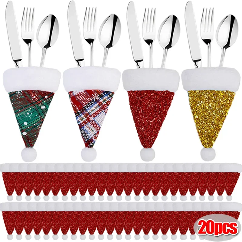 1/20pcs Christmas Hat Tableware Holders Fork Knife Cutlery Bags Cover  Xmas Wine Bottle Candy Pocket Party Dinner Decoration