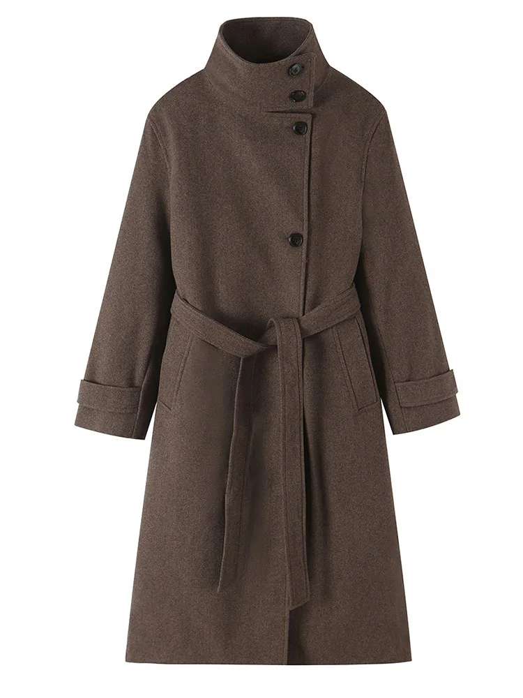 HH Women Elegant Long Coat Autumn Winter Brown Belted Outerwear Stand Collar Button Front Long Sleeves with Cuff Straps