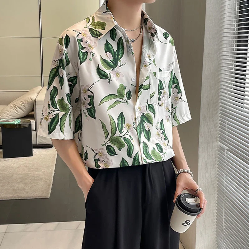 Summer Male Chinese Style Camellia Printing Cardigan Blouse Hombre Half Sleeve Casual Fashion All-match Top Men Vintage Shirt