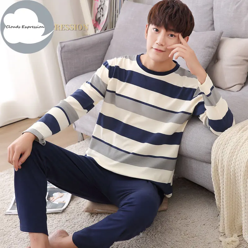 Autumn Winter Knitted Cotton Cartoon Men\'s Pyjamas Couple Pajamas Set Casual Male Sleepwear Pyjamas Night Pijamas Homewear 4XL