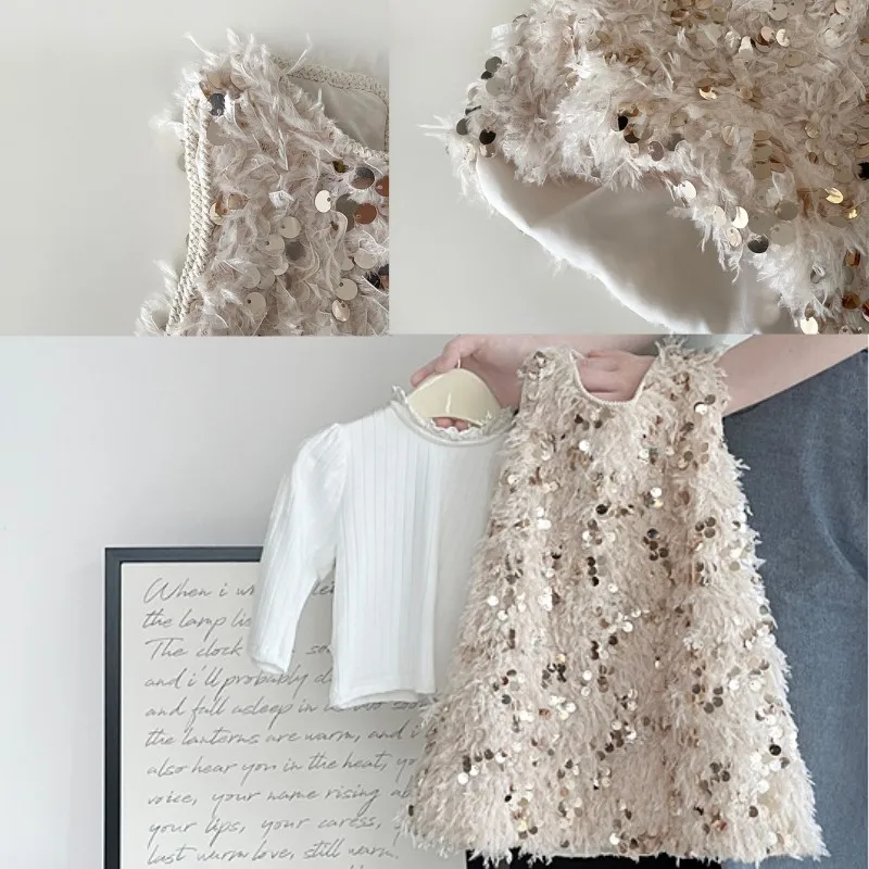 Newborn Baby Girl Plume Sequin Princess Vest Dress Infant Toddler Sleeveless Elegant Vestido Birthday Party Autumn Clothes 3-18M