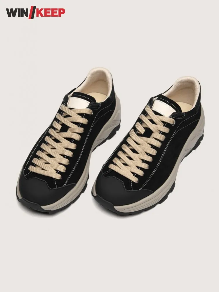 Outdoor Mens Cow Suede Leather Hiking Shoes Lace Up Breathable Patchwork Sneakers Sports Trekking Thick Platform Shoes Camping