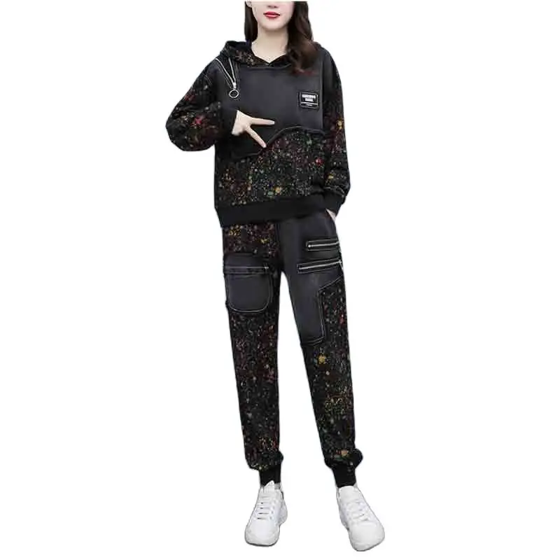 Fashion Women's Clothing 2022 New Loose Long-sleeved Denim Suit Feminine Temperament Stitching Denim Print casual Two-piece Suit