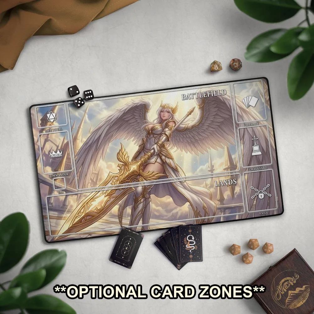 Angel TCG Playmat, EDH Zones, Anime Angel Game Mat With Premium Stitched Edges, Large Extended Mat, Celestial Warrior
