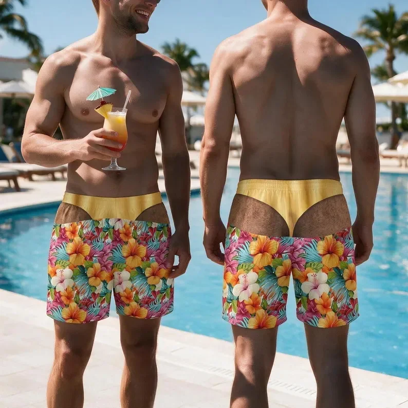 Men Tropical Hibiscus Palm Leaf Beach Shorts All Over Floral Print Board Shorts Summer Hawaii Swim Trunks Pool Vacation shorts