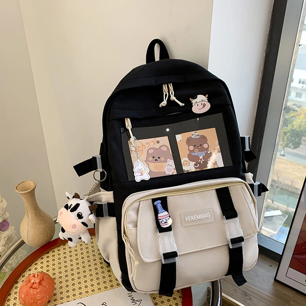 

Women Girls Fashion Contrast Color Backpacks Leisure Canvas Backpacks Cute Cartoon Knapsack with Pendant Badge