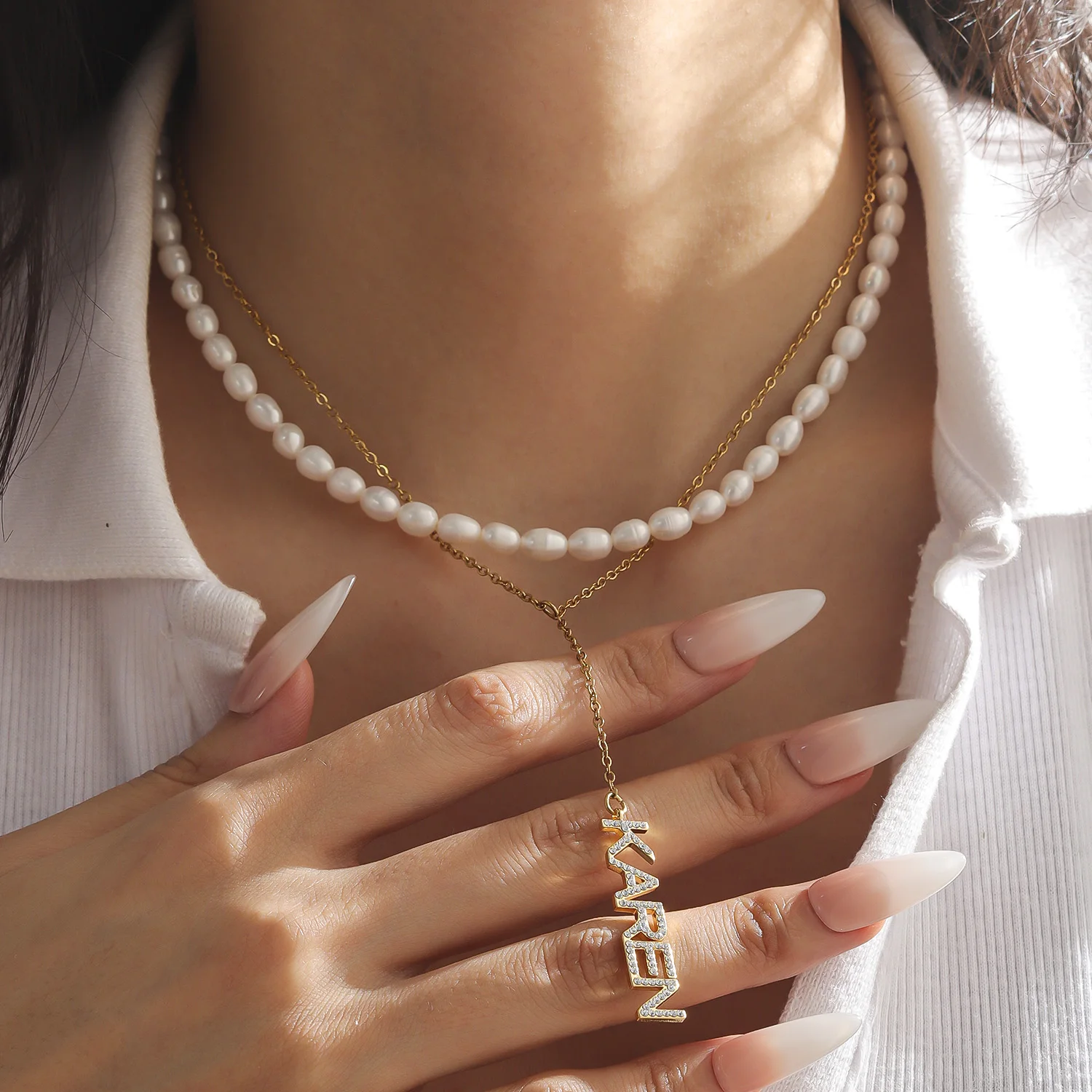Personalized 18K Gold Double Chain Necklace Freshwater Pearl Vertical Name Pendant Sparkling Zircon Lariat Jewelry For Her