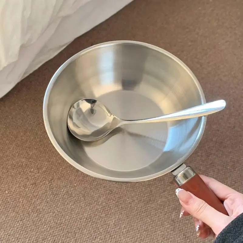 (BF06)Stainless Steel Instant Noodle Pot Small Pot For One Person High-value Appearance Wood Handle Snack Pot Small Cooking Pot