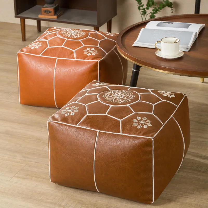 Morocco PU Leather Cushion Unstuffed Ottoman Cover Hassock Embroidery Crafts Meditation Cushion Futon Tatami Decor Pouf Cover