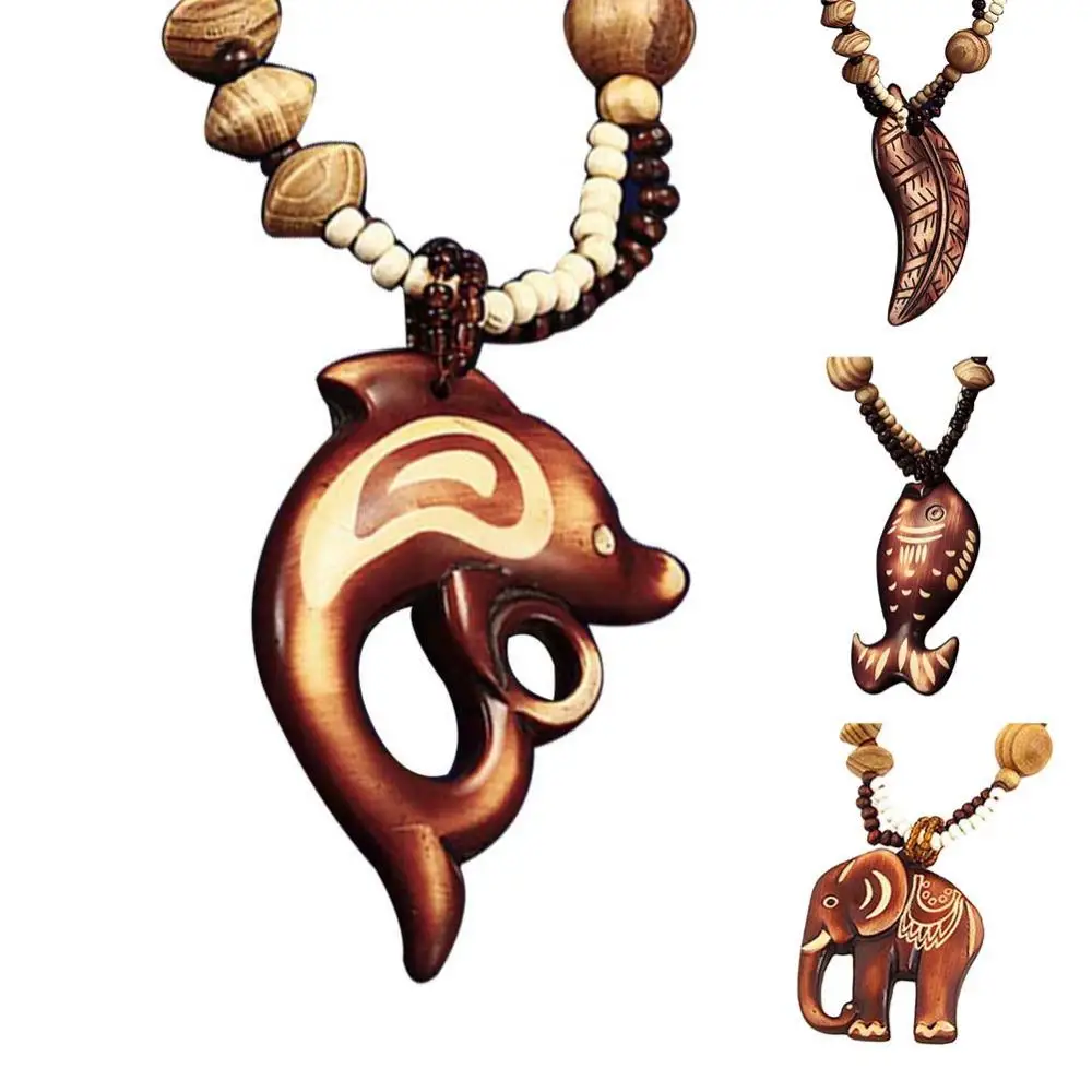 Tribal Retro Boho Women Elephant Dolphin Fish Animal Leaf Pendant Beaded Wooden Long Necklace Animals