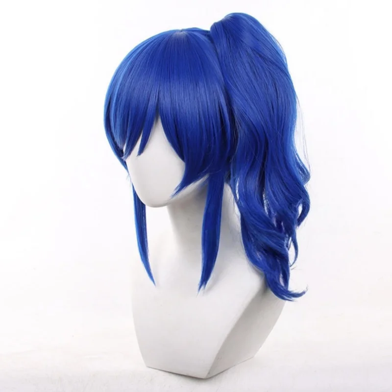 Kiriya Aoi Cosplay Wig Blue Short Ponytail Pigtail Curly Synthetic Hair Heat Resistant Halloween Role Party Carnival + Wig Cap