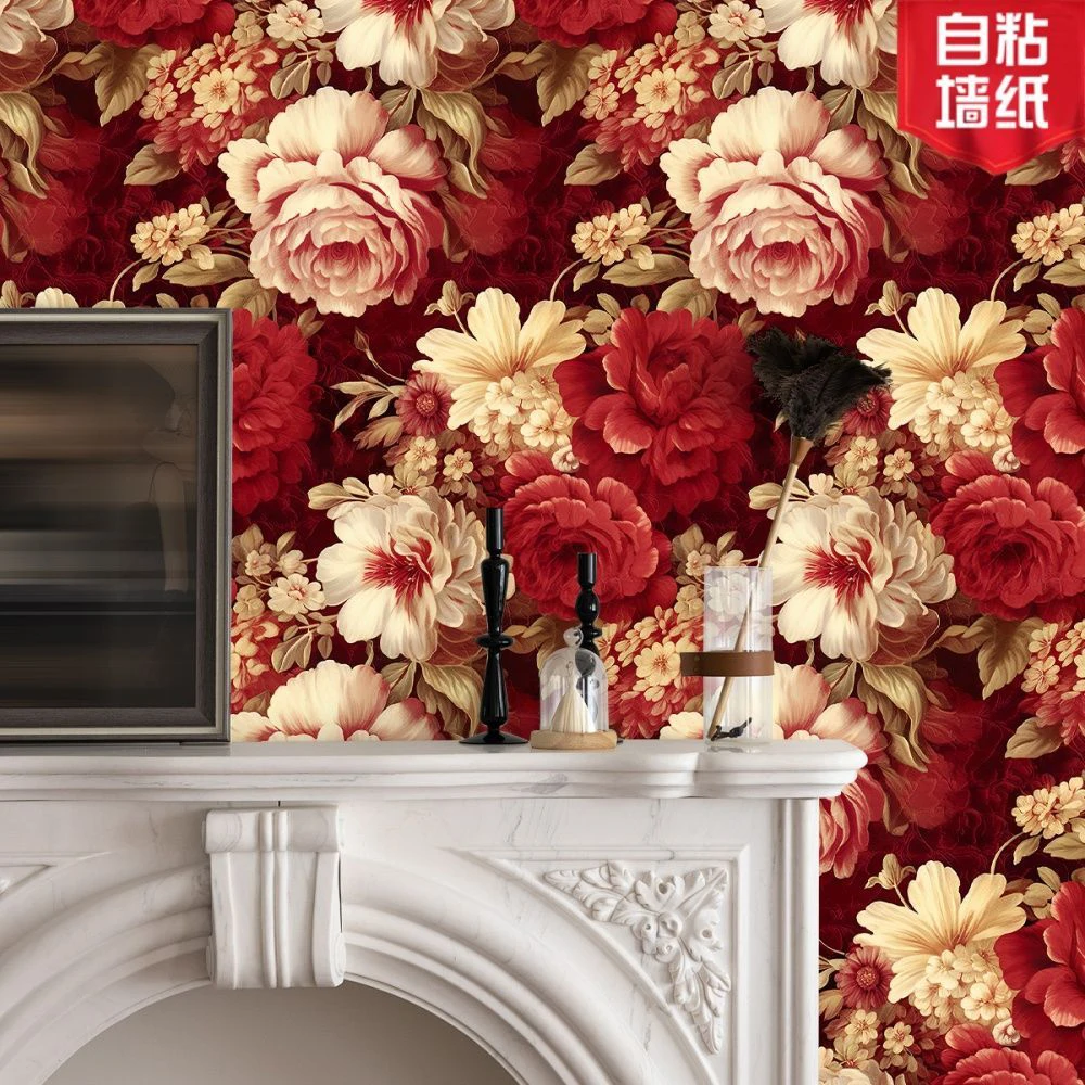 Vintage Red Floral Peony Self Adhesive Wallpaper Peel and Stick Wall Mural Removable Wall Sticker for Living Room Bedroom