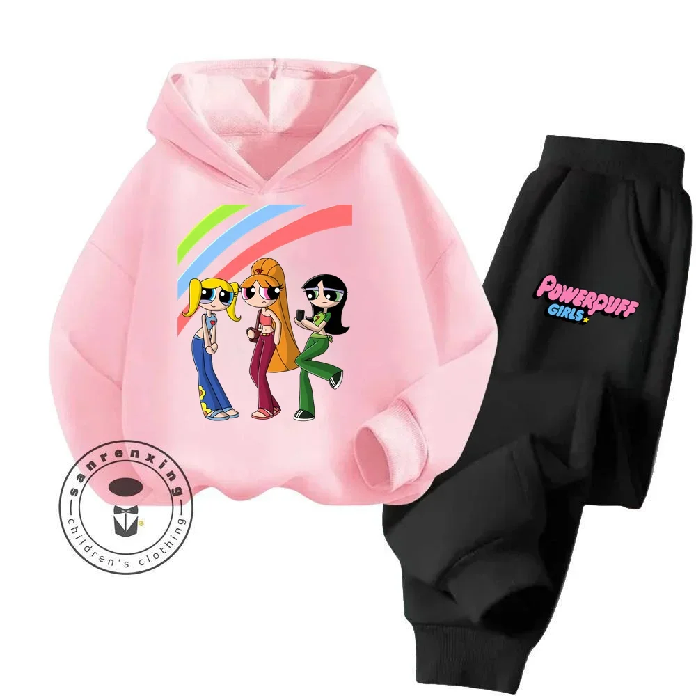 Simple Yet Stylish The Powerpuff Girls Kids' Attire Minimalist Hoodie Sets with Cute Cartoon Casual Outings in Colder Months