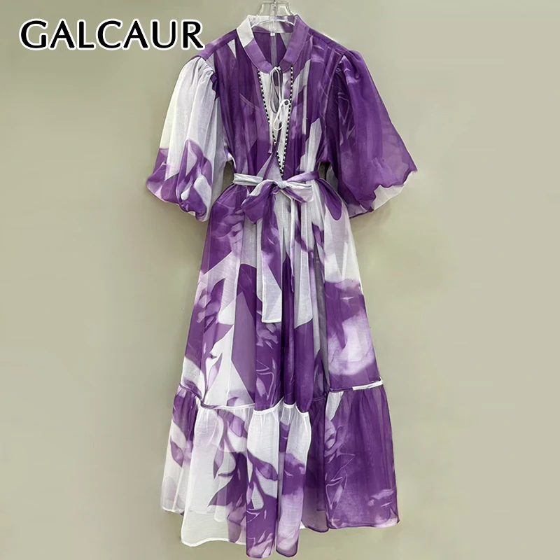 

GALCAUR Hit Color Spliced Lace Up Elegant Midi Dresses for Women Round Neck Patchwork Hollow Out Dress Female Fashion Clothing