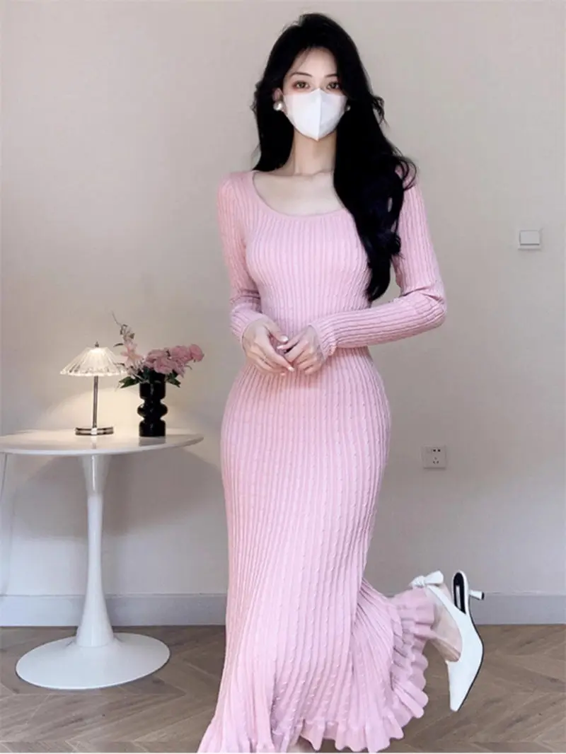 Autumn And Winter Knitted Dress With Low Round Neck Temperament Korean Version Slim Fit Versatile Base Sweater Dress Midi A360