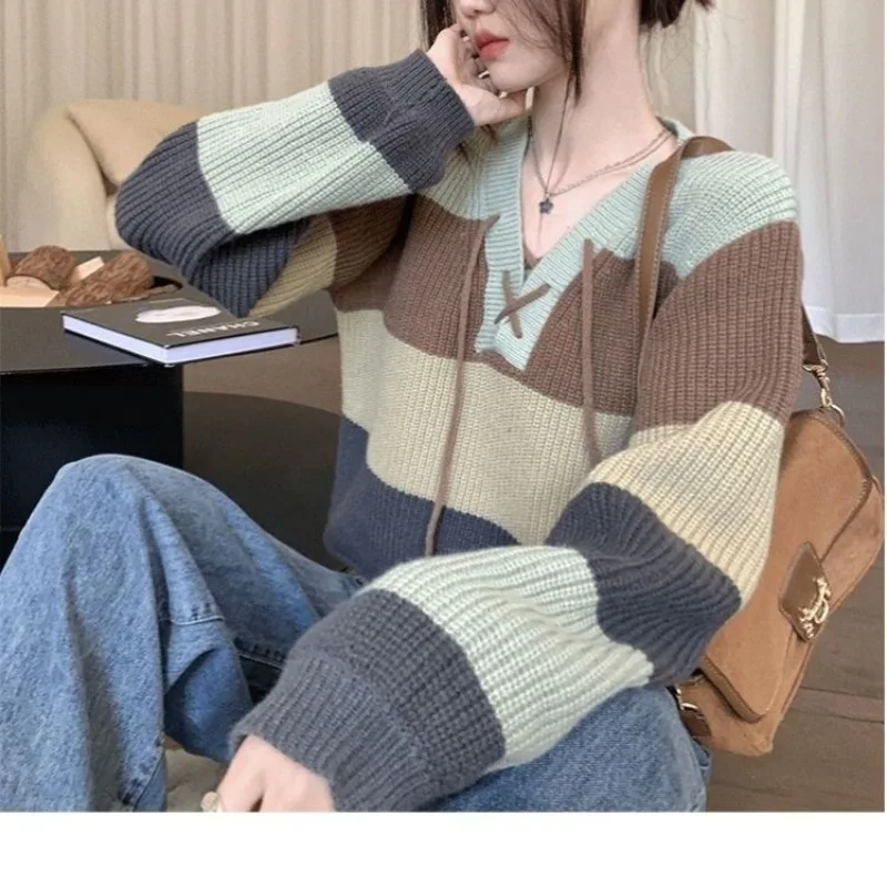 Striped Fashion Women Sweaters 2024 Autumn Winter Pullovers Korean Knitwears Long Sleeve Clothes Knit Top Ladies Lace-up Sweater