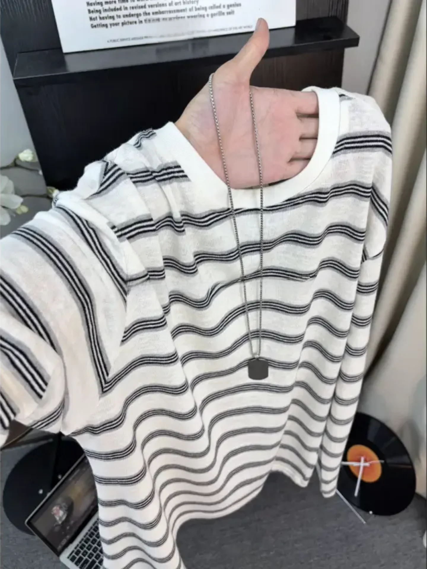 Korean Style Long Sleeve T-Shirt Men's Autumn Thin Breathable Casual Cover up Color Block Stripe Inner Wear Base Shirt Top