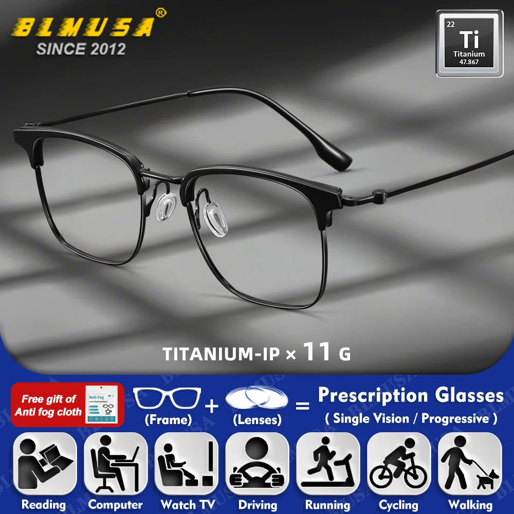 

BLMUSA (M) Men Pure Titanium Large Frame Prescription Reading Glasses High Quality Anti-Reflective Myopia Photochromic Eyeware