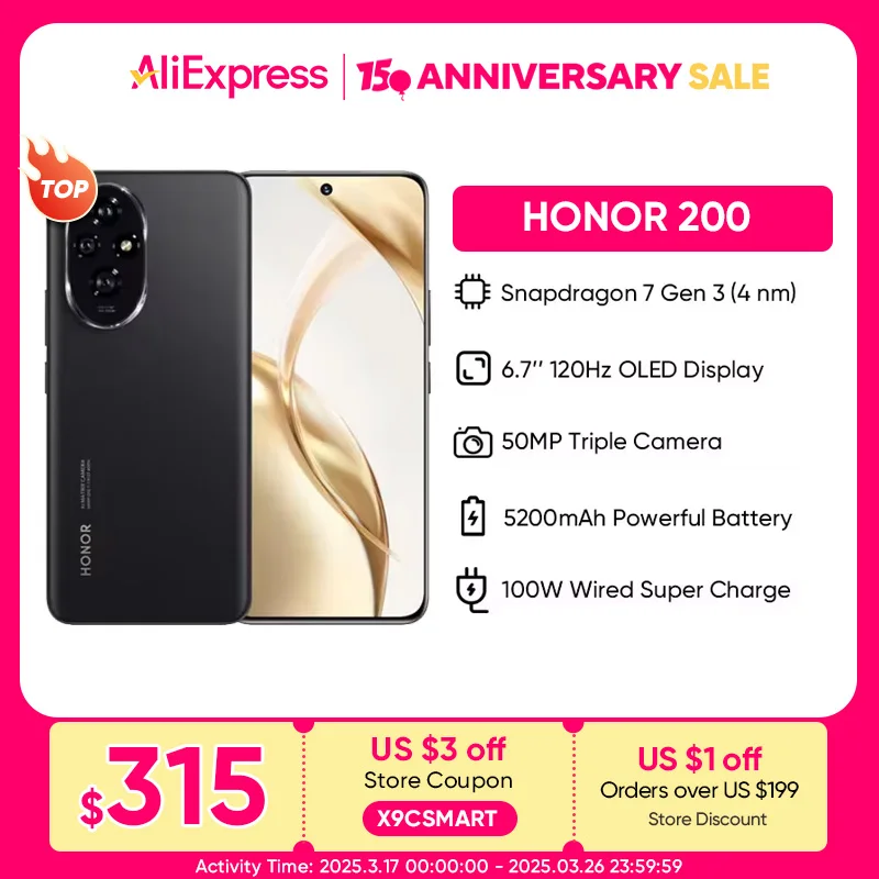 2024 Новый оригинальный смартфон HONOR 200 Global Version Snapdragon 7 Gen 3 5G 6,7-дюймовый AMOLED-дисплей с поддержкой HONOR 100 Вт SuperCharge