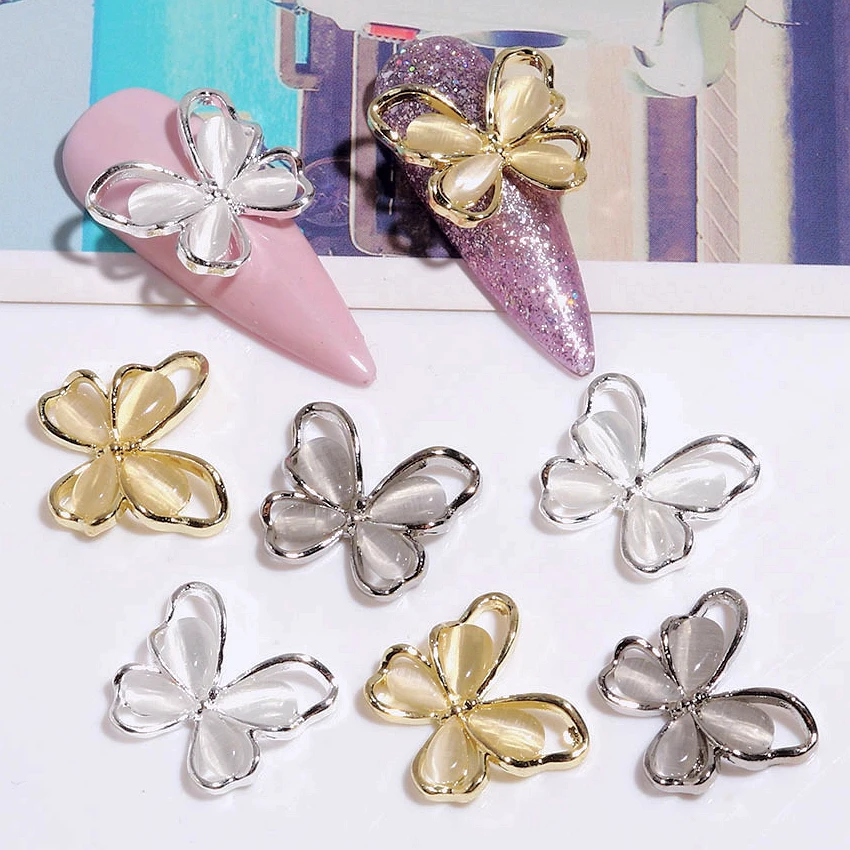 10Pcs/Bag Alloy Zircon Butterfly Nail Jewelry Charms Gold Silver 3D Cat Eye Stone Butterflies Nail Art Decorations Accessories