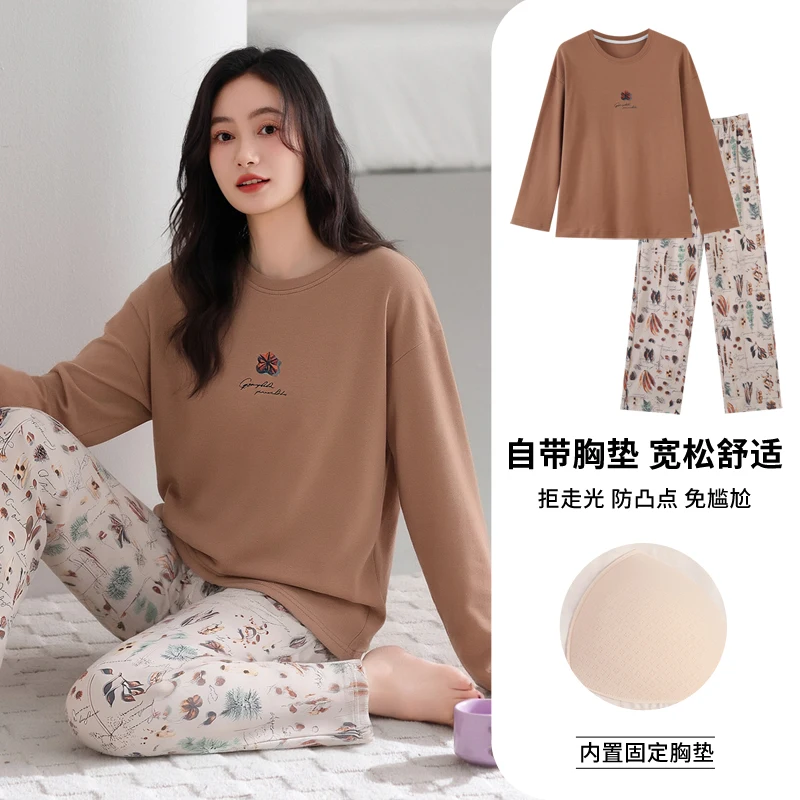 Spring and Autumn Women 100% Cotton Long Sleeve Pajamas Set Female Casual Pijamas With Chest Pad