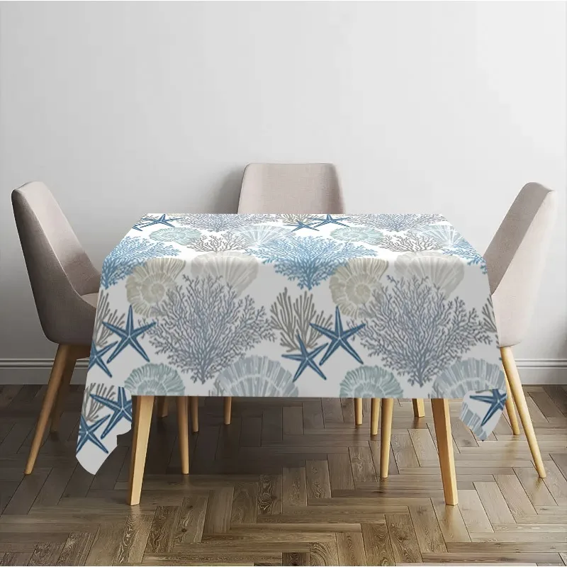 1pc Coastal Sea Star Tablecloth - Ocean Shell & Coral Reef Design, Rectangular Polyester Fabric, Dining Room, Summer Parties