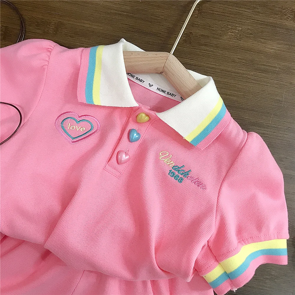 Summer Toddler Girl 2PCS Clothes Set Love Button Embroidery Letter Polo Shirt Loose Striped Contrast Hem Shorts Baby Girl Outfit