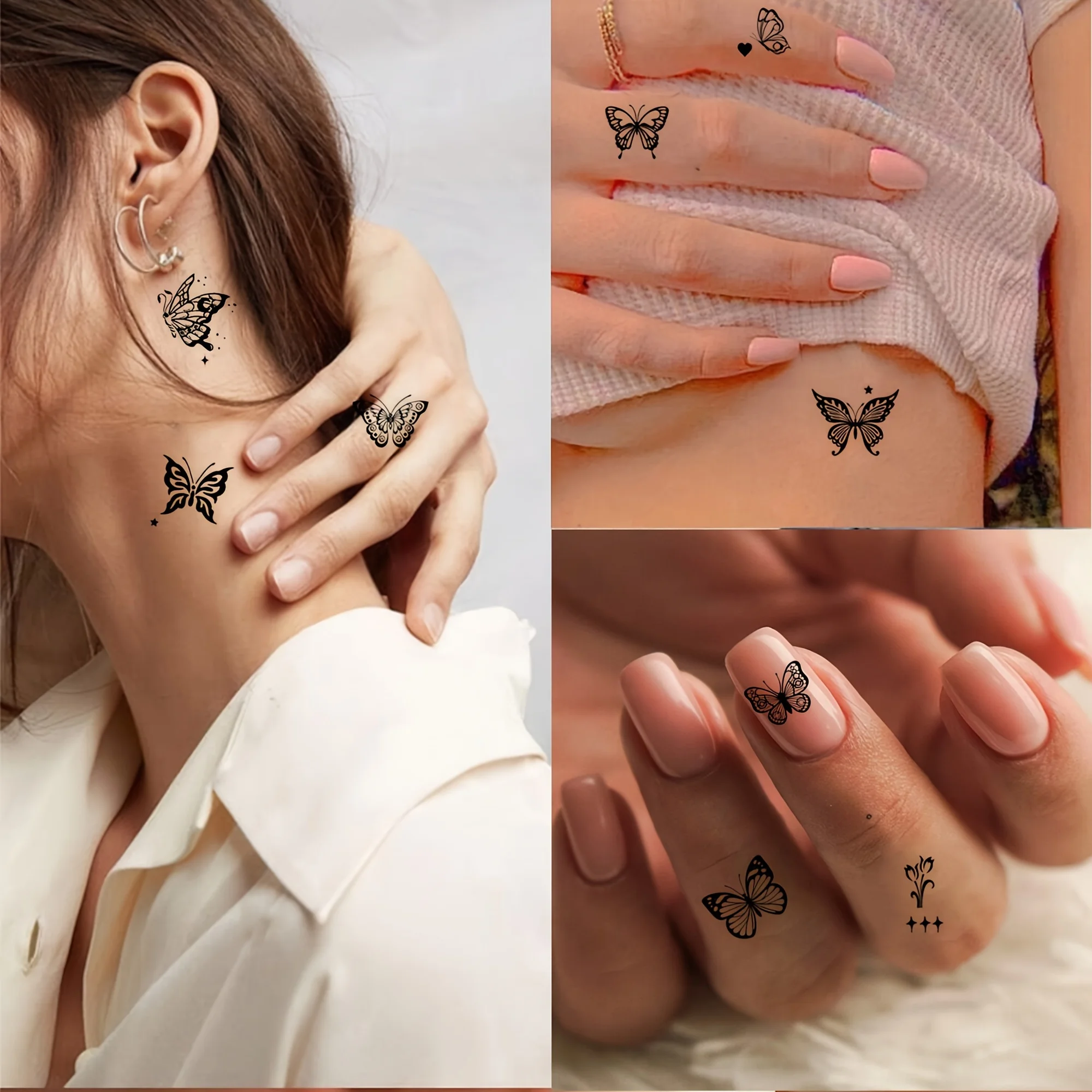 30sheets Fake Tattoo Sticker for Girl Women Black Butterfly Tiny Heart Moon Temporary Tattoo Transfer Painting Hand Chest Feet