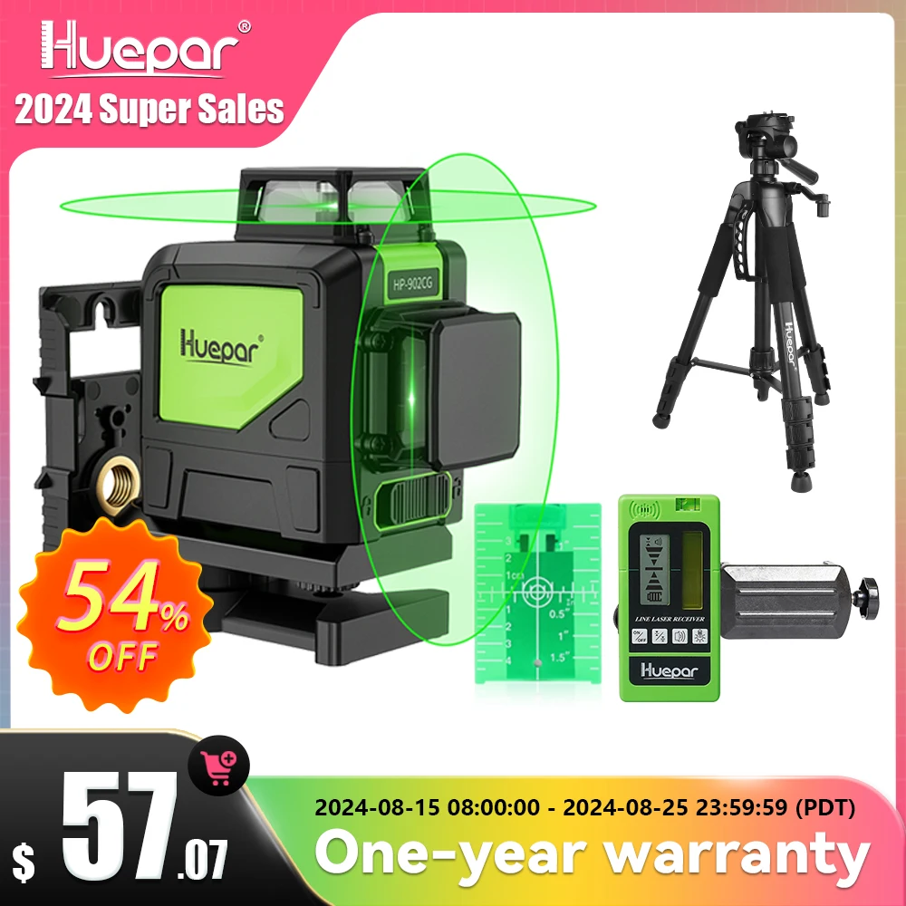 Huepar 8 Lines Laser Level 360° Cross Line Self-leveling Horizontal & Vertical Line Laser Tool With Laser Receiver and Tripod