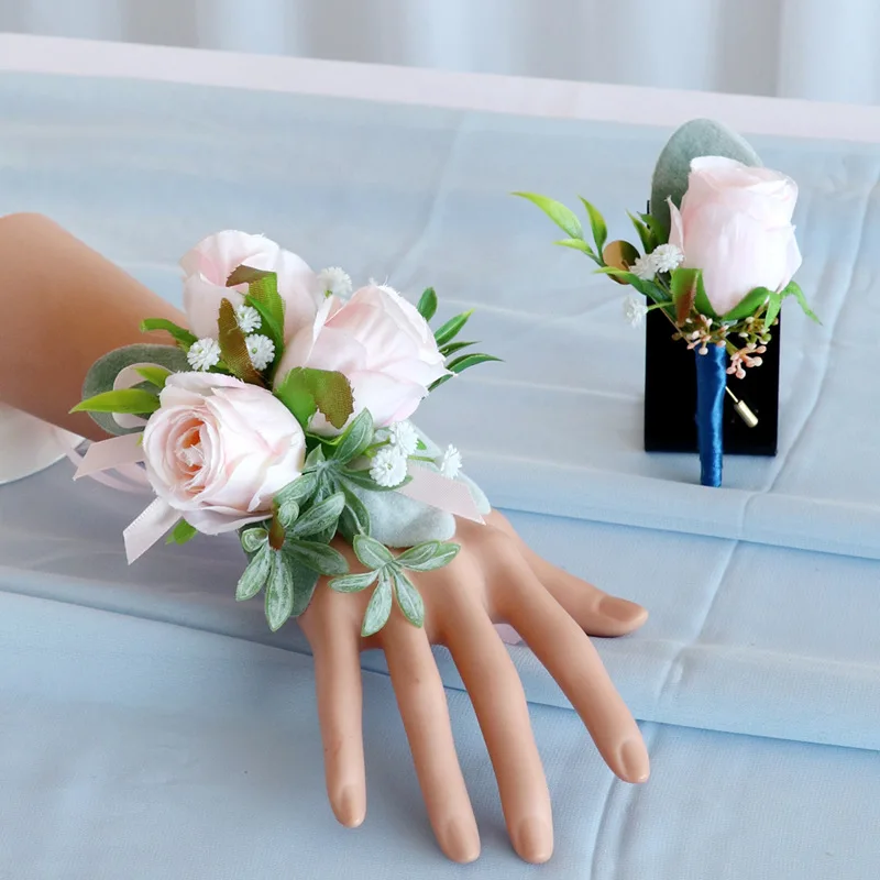 Roze Kunstmatige Bloemen Boutonnieres Pols Corsage Bruidsmeisje Huwelijk Bruiloft Accessoires 2023