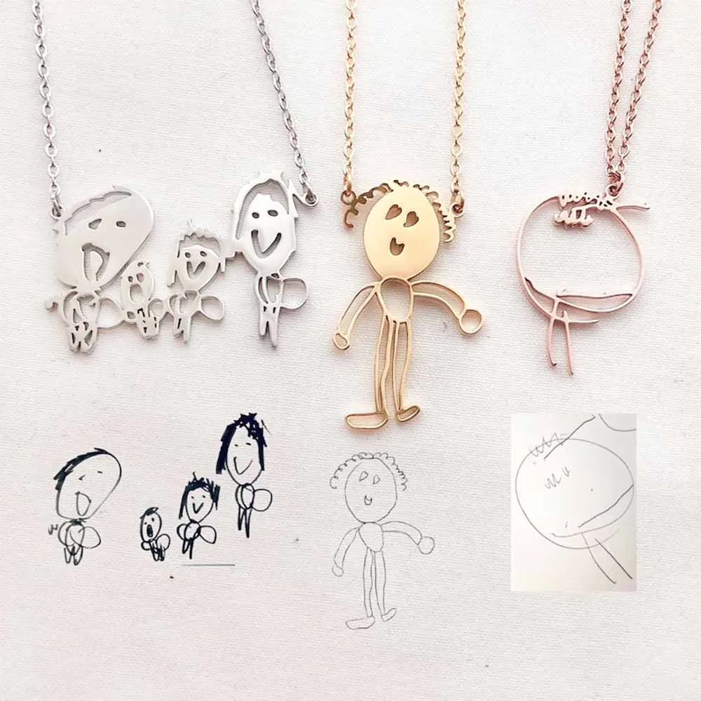 Custom Kids Drawing Handwriting Necklace Personalized Stainless Steel Children Artwork Doodle Art Pendant Family Name Gift