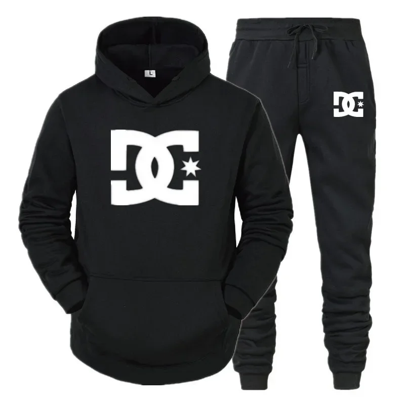 DC printed men\'s new autumn/winter sweater stand up collar hooded sweater jacket and casual pants two-piece set