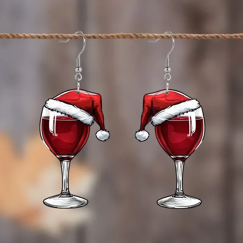 Christmas Wine Cup Pendant Earrings New Year Wine Glass Christmas Hat 2D Acrylic Pendant Earrings Woman Friends Jewelry Gift