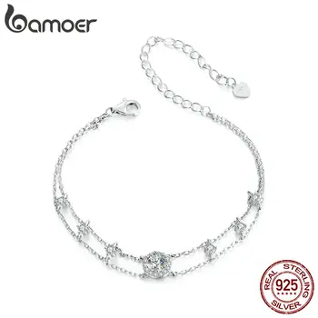 BAMOER Halo Moissanite Bracelet for Women Double Layer Starry Chain Link Engagement 925 Sterling Silver Jewelry Gift