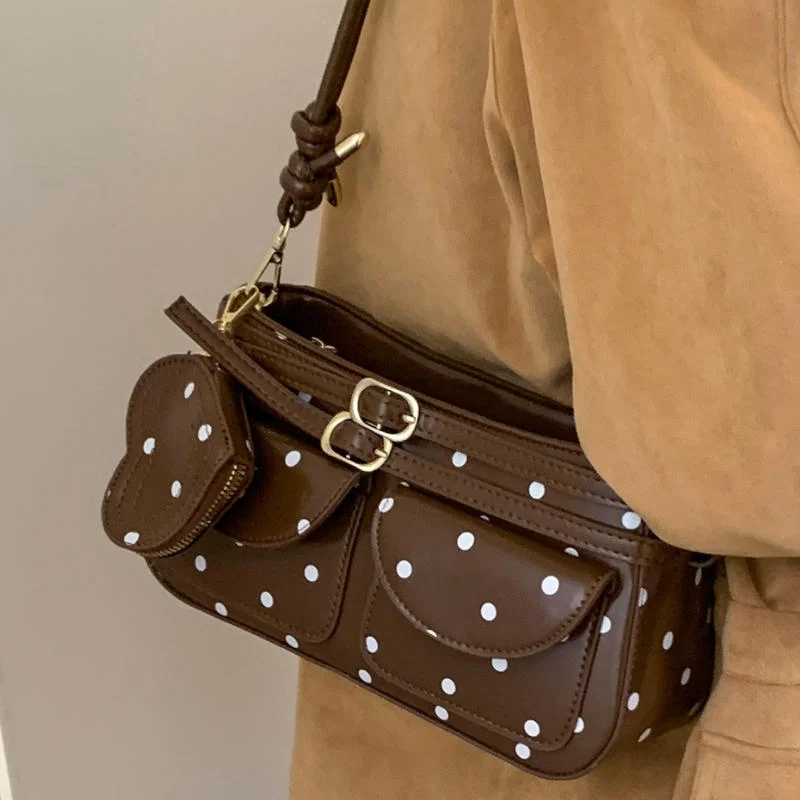 

Korean Vintage Polka Dot Handbag Belt Buckle Design Multi Pocket Underarm Bag Women Elegant Shoulder Bag With Wallet Square Bag