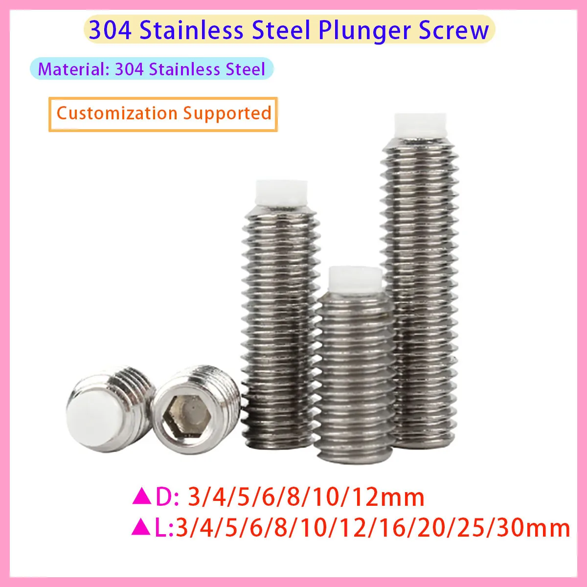 304 Stainless Steel Hexagonal Plastic Nylon Dog Shaped Protruding Pointed Headless Bolt Fixing Screw M2 M2.5 M3 M4 M5