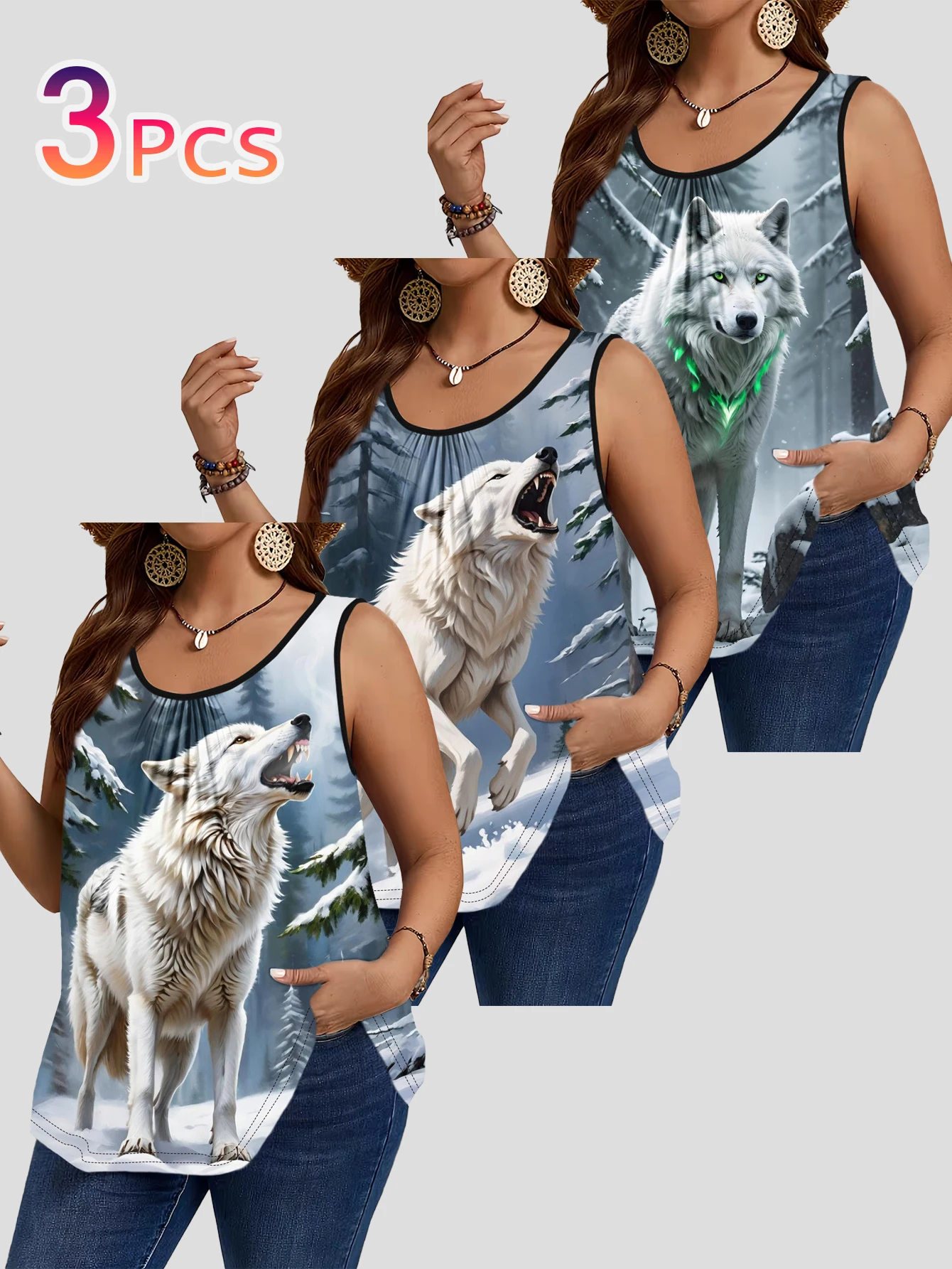 3-Piece Set of Plus-Size Women's Vests with Snow White Wolf Howling at the Moon Forest Animal Print, Loose Sleeveless Tops