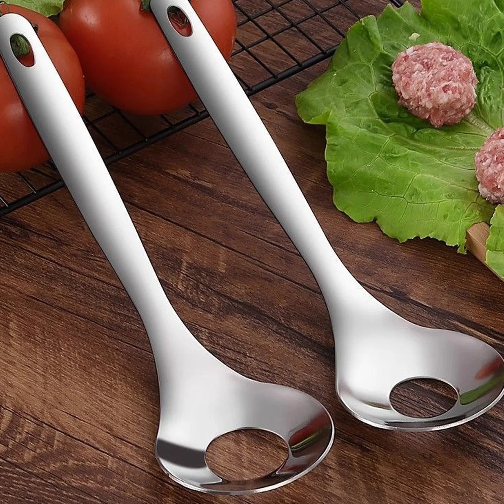 Stainless Steel Croquettes Meatball Spoon Mold Non-stick with Round Hole Meatball Maker Spoon Hangable Meat Press Tools