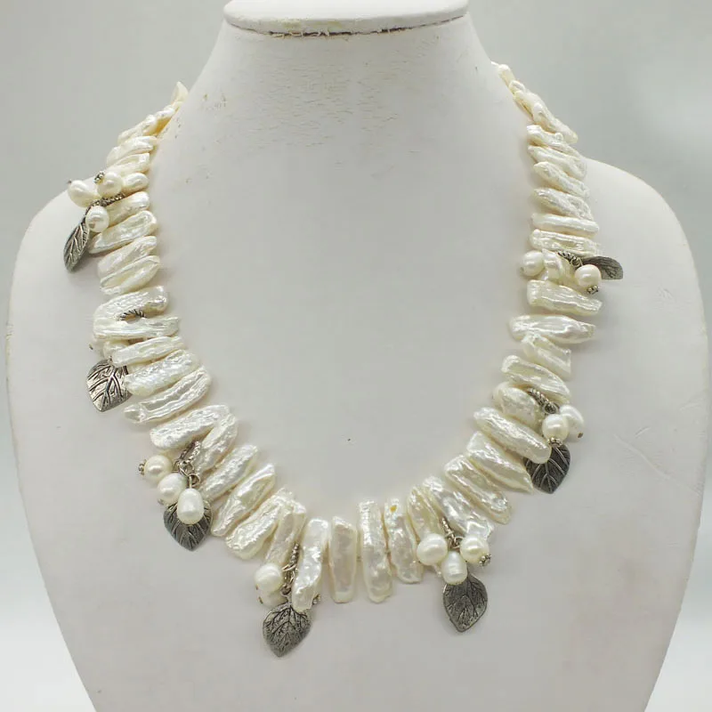 White freshwater biwa pearl knotted necklace  20