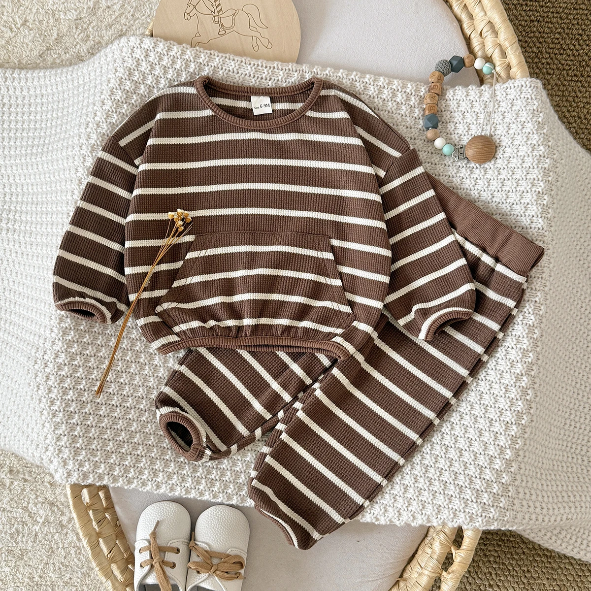 Korean Toddler Striped Waffle Loungewear Set Loose Drop Shoulder Top Cuffed Pants Kids Daily Two Piece Outfit