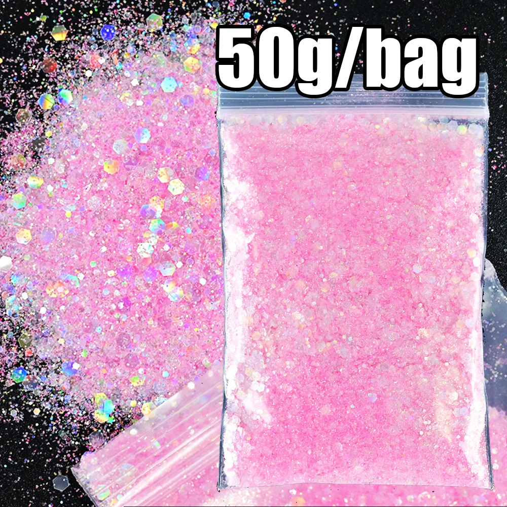 50g/bag Pink/White Iridescent Unicorn Nail Glitter Sequins Mixed-size Hexagon Nail Flakes Laser Pink Fantasy Ultra-Fine Sequins