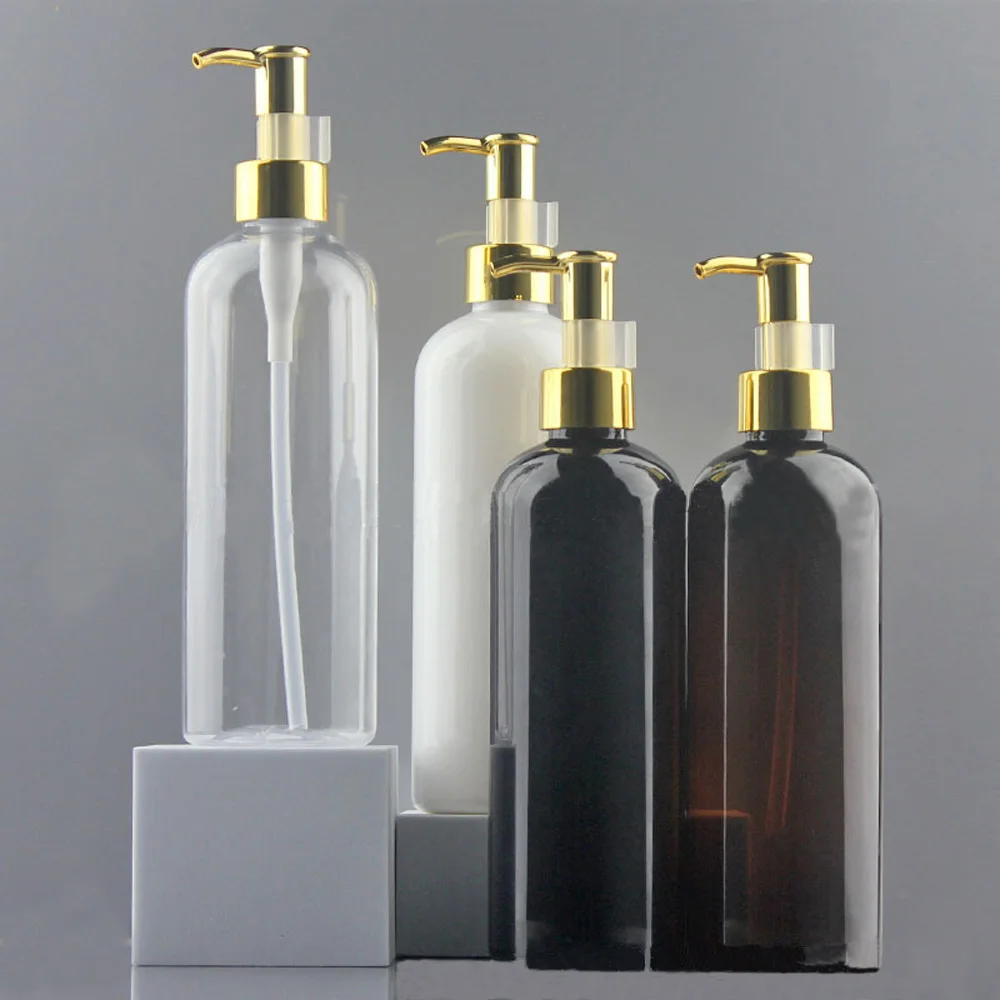 300ml&500ml 4 color available round shape Refillable Squeeze PET Portable plastic lotion bottle with alumite gold color pump