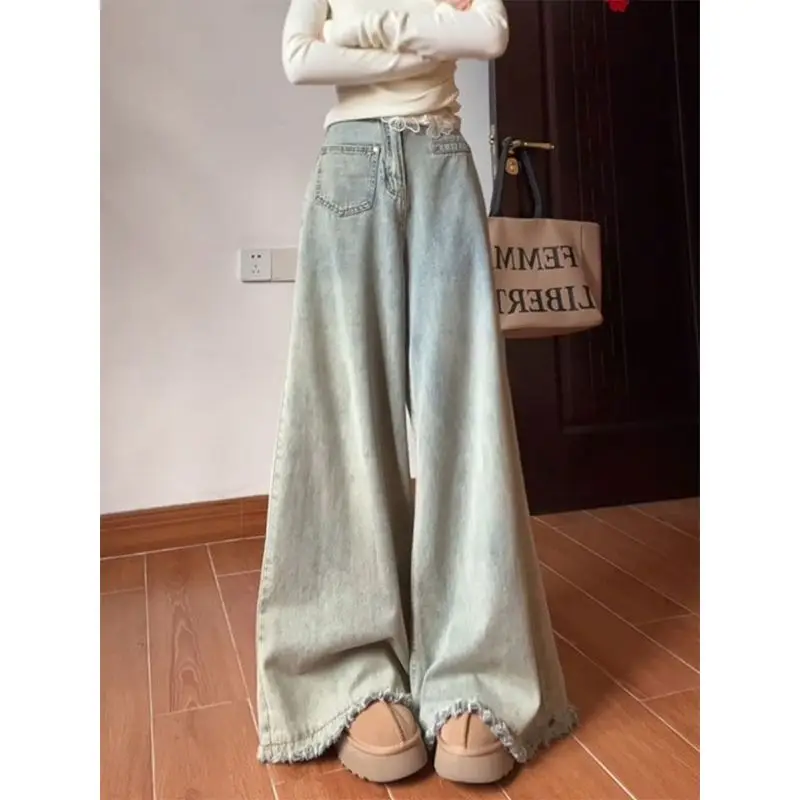 2025 Jeans da donna a gamba larga a vita alta azzurri con vita in pizzo e orlo sfilacciato Pantaloni in denim larghi Moda Casual Streetwear