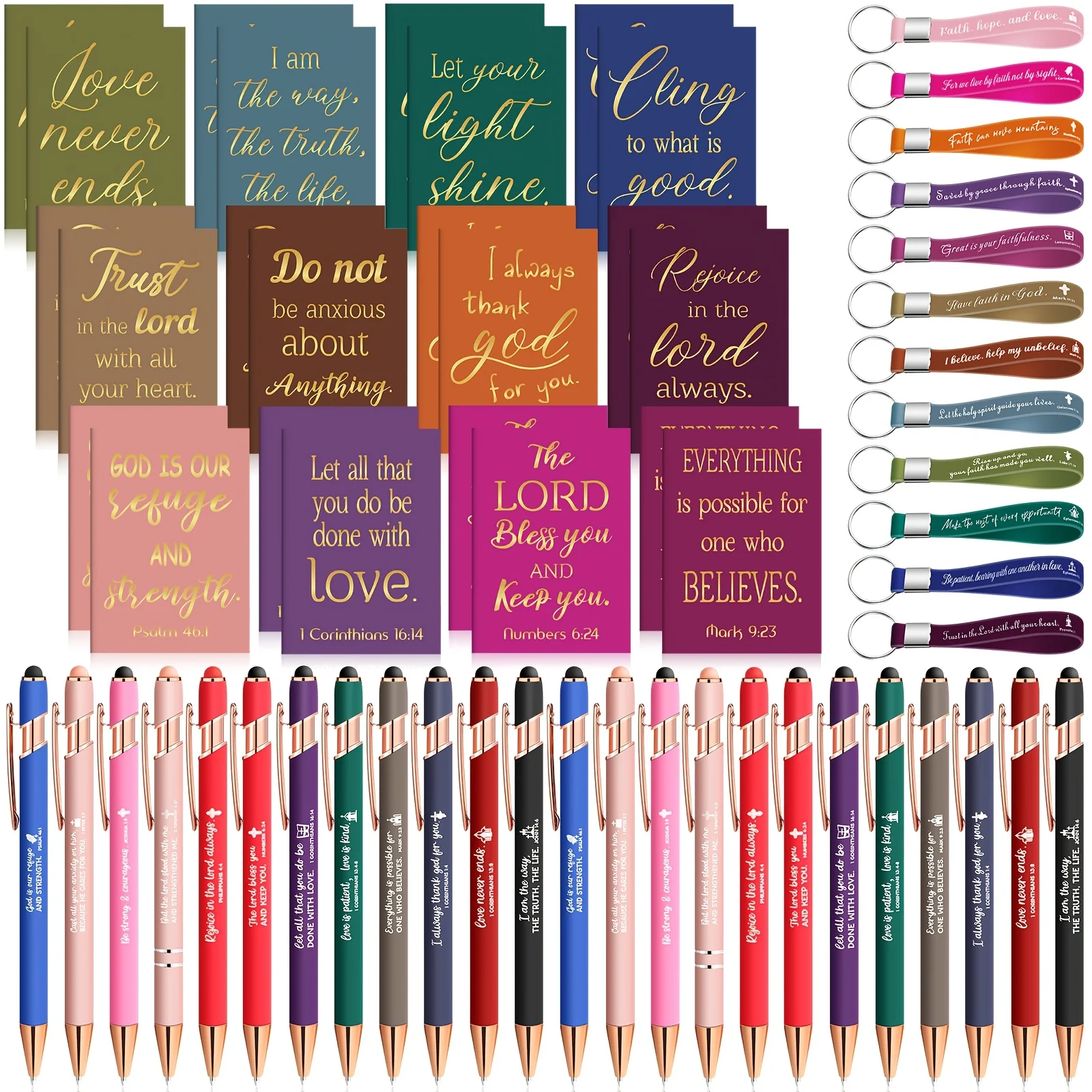

72pcs Christian Gifts Set Bulk Religious Notebooks Quote Inspirational Ballpoint Pens Verse Keychain Spring Inspirational Gifts