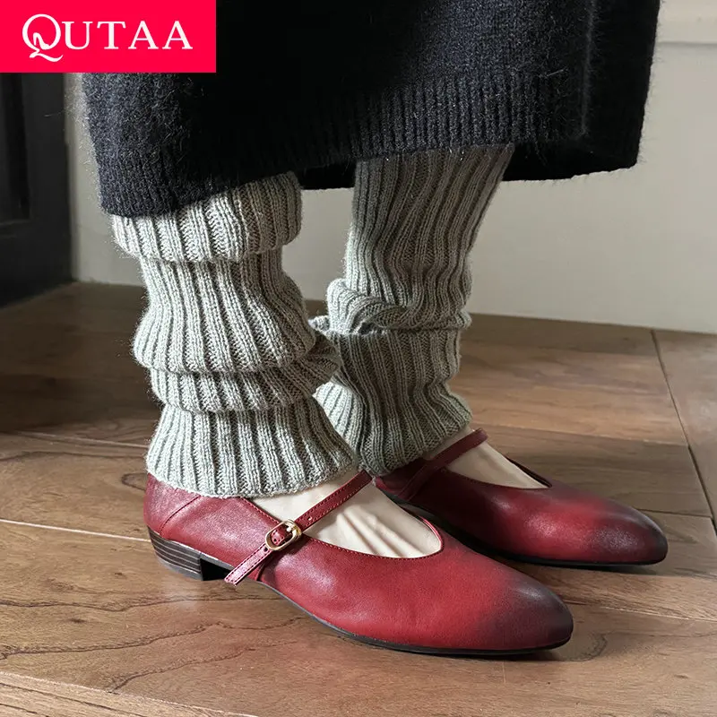 

QUTAA 2025 модные женские туфли-лодочки на среднем каблуке из натуральной кожи, вечерние туфли Мэри Джейн, повседневные модельные туфли с круглым носком, размеры 34-40