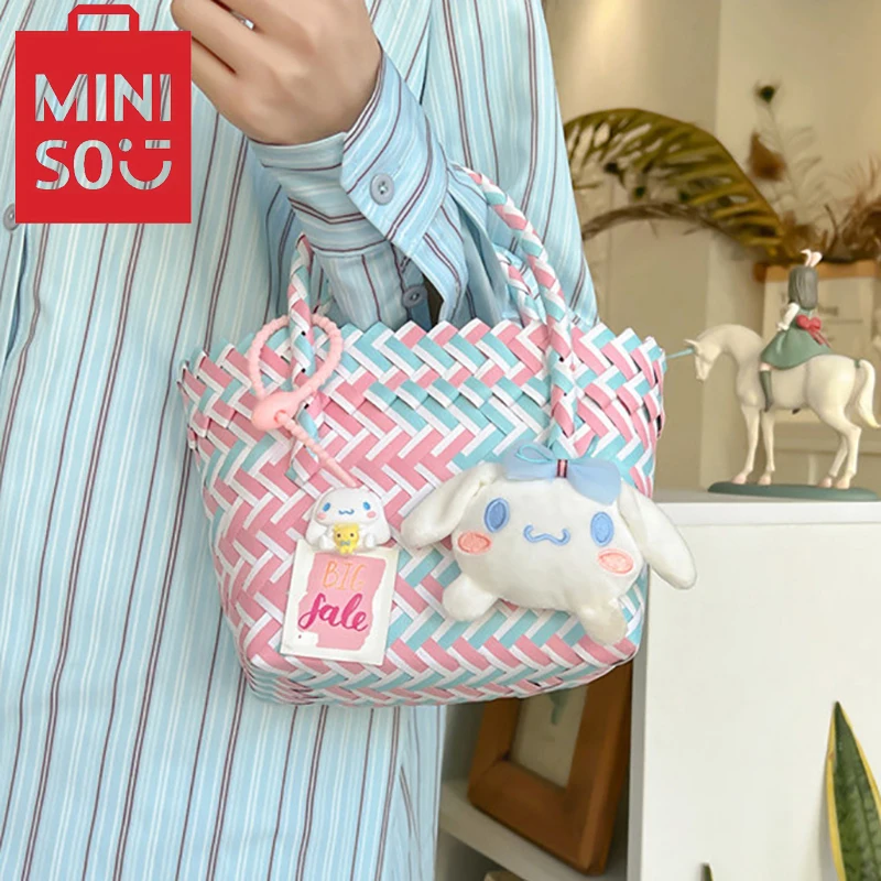 MINISO Cartoon Woven Bag Colored Handheld Women's Bag Kuromi Cinnamon Dog Beach Bag Summer Hollow Cute Basket Bag