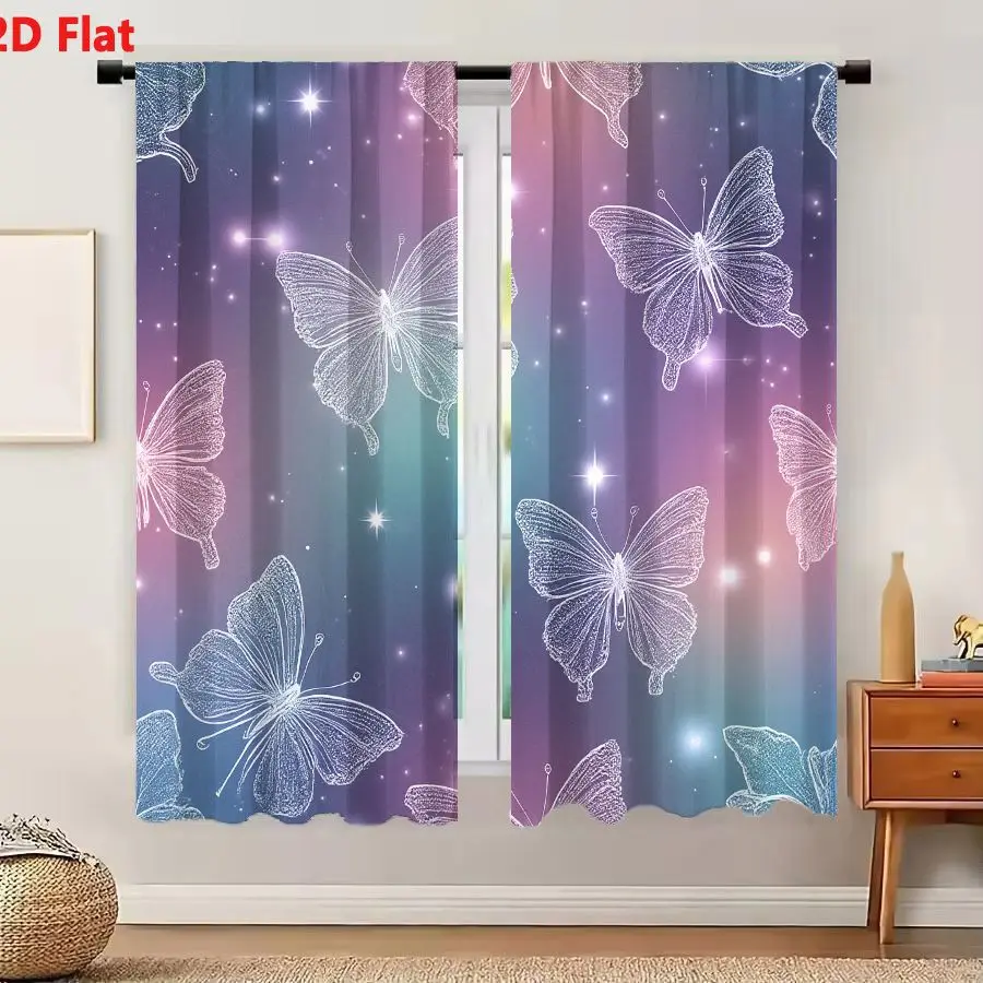 2Pcs Curtains 2D Flat Seamless Pattern With Wireframe Butterflies And Starry Pastel Gradient Background Window Drapes for Bedroo