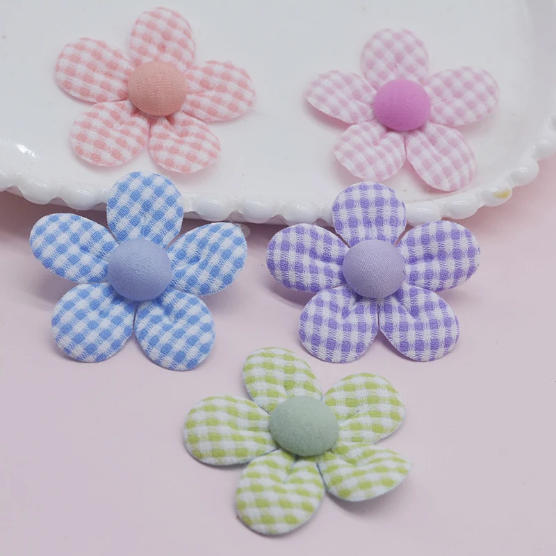 30Pcs 5.2CM Gingham Flower With Button Appliques For Clothes Hat Sewing Supplies DIY Headwear Hair Clip Bow Decor Patches