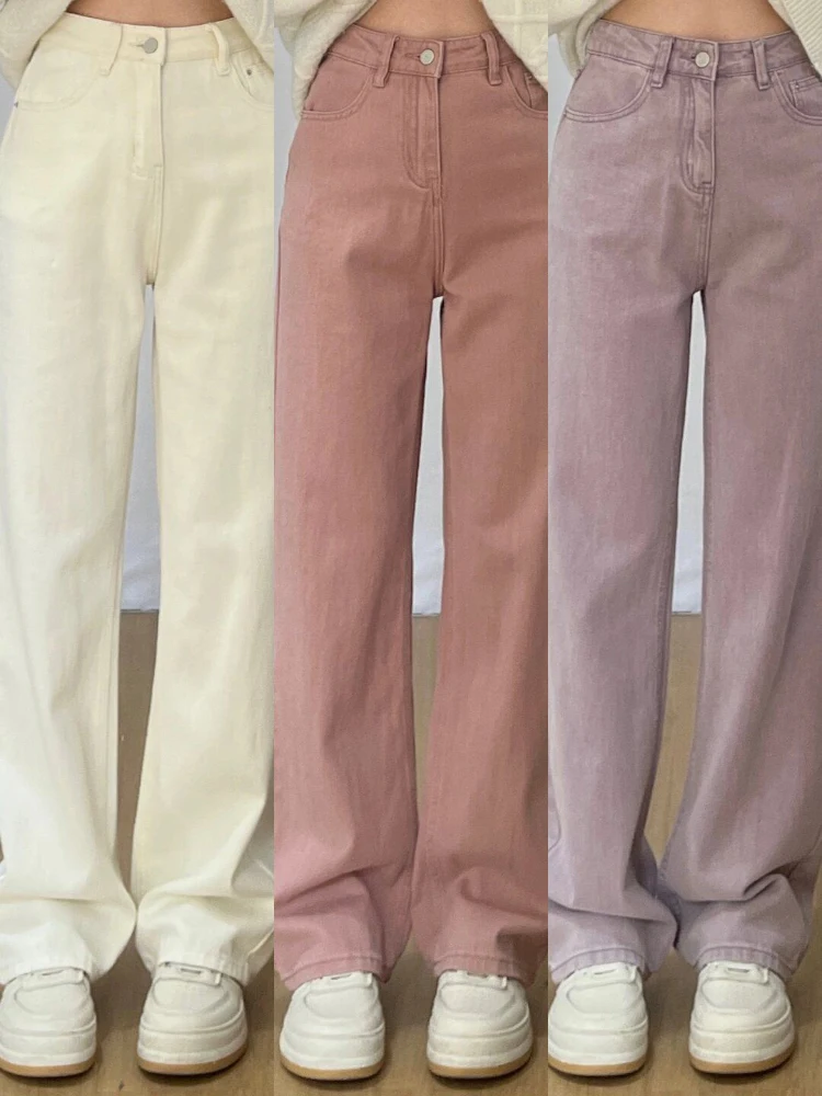 

Американские прямые джинсы с высокой талией, женские белые утягивающие широкие длинные брюки небольшого размера, осеннее новое поступление