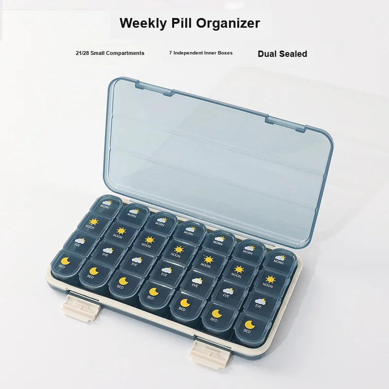 7-Day Pill Organizer, Portable Sealed Large Capacity Medicine Box for Morning Noon Evening Daily Carry and Storage